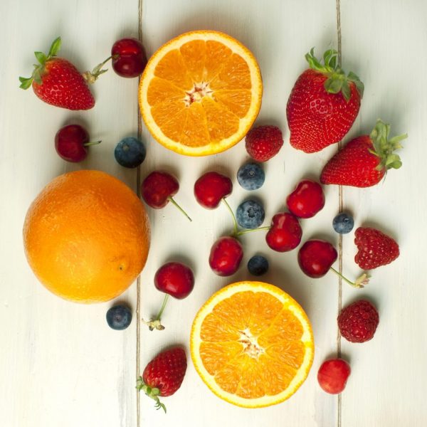 visão aérea de frutas cítricas, laranja morango